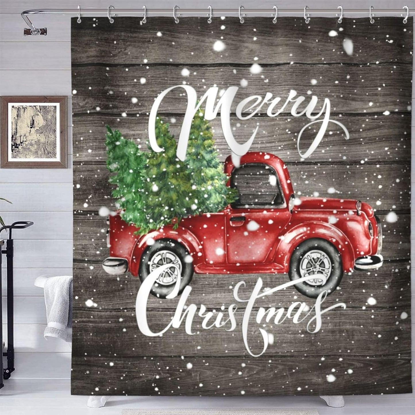 Rustic Red Truck Christmas Shower Curtain Set