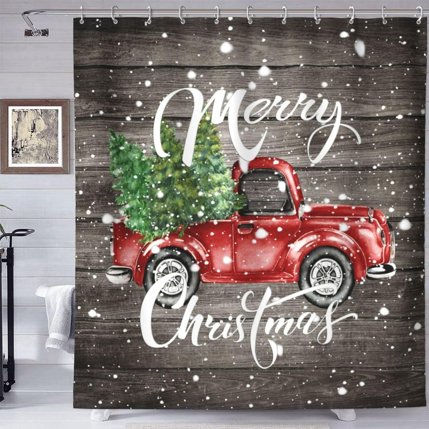 Rustic Red Truck Christmas Shower Curtain Set