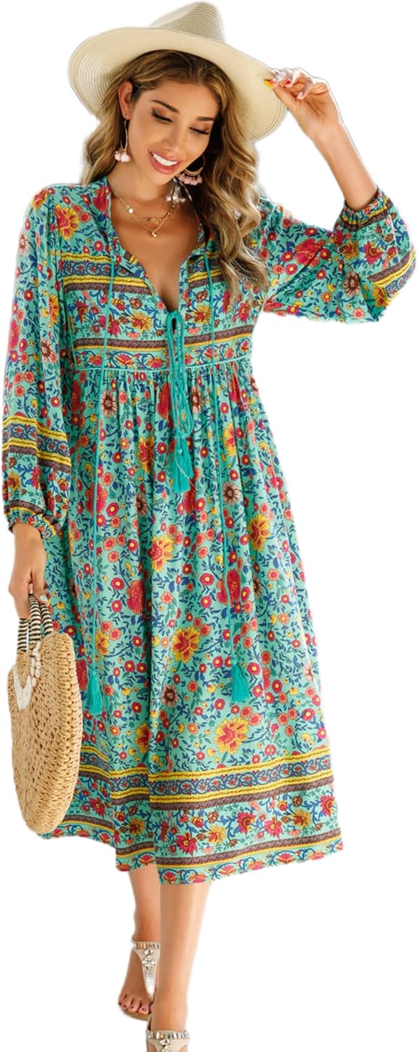 R.Vivimos Women's Long Sleeve Floral Print Bohemian Midi Dress