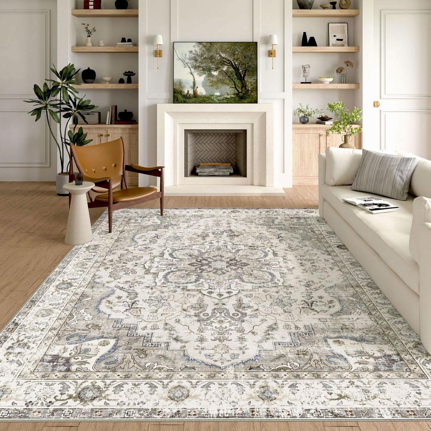 Washable Area Rug 8x10 - Large Cream Boho Vintage Rug