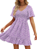 Womens Cute Floral Smocked V Neck Flutter Sleeve Sundress (Style TX17)