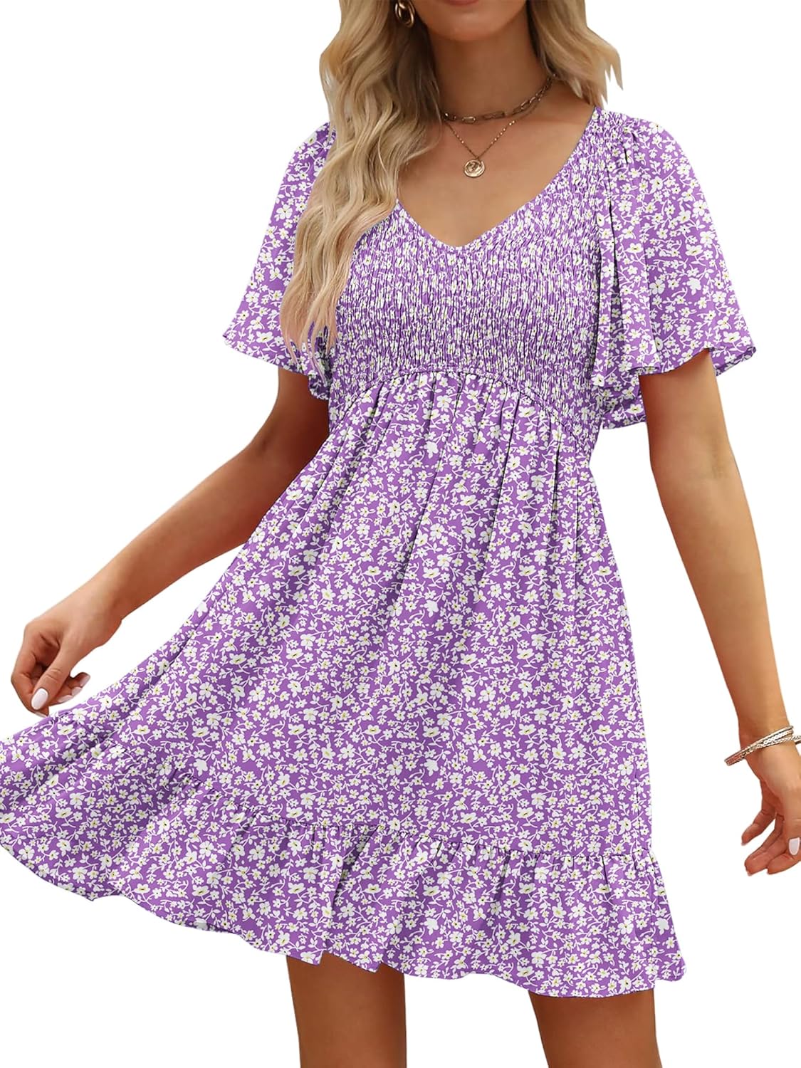 Womens Cute Floral Smocked V Neck Flutter Sleeve Sundress