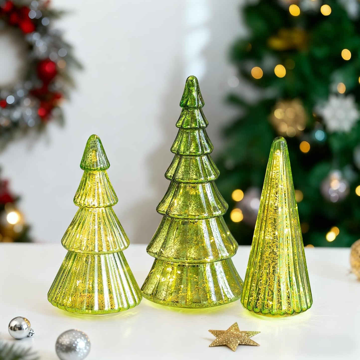Glasseam Mercury Glass Christmas Tree Set of 3 for Holiday Decor