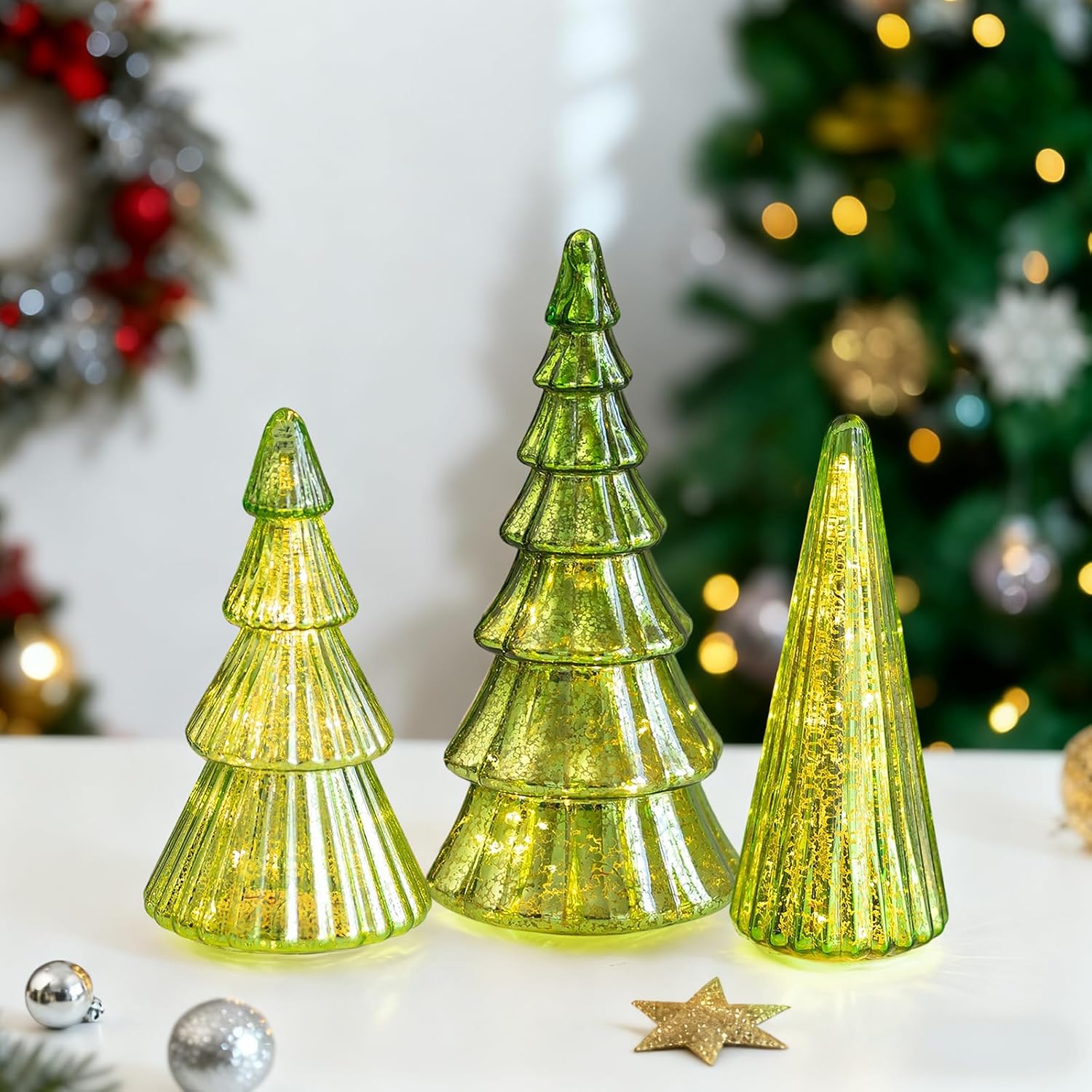 Glasseam Mercury Glass Christmas Tree Set of 3 for Holiday Decor