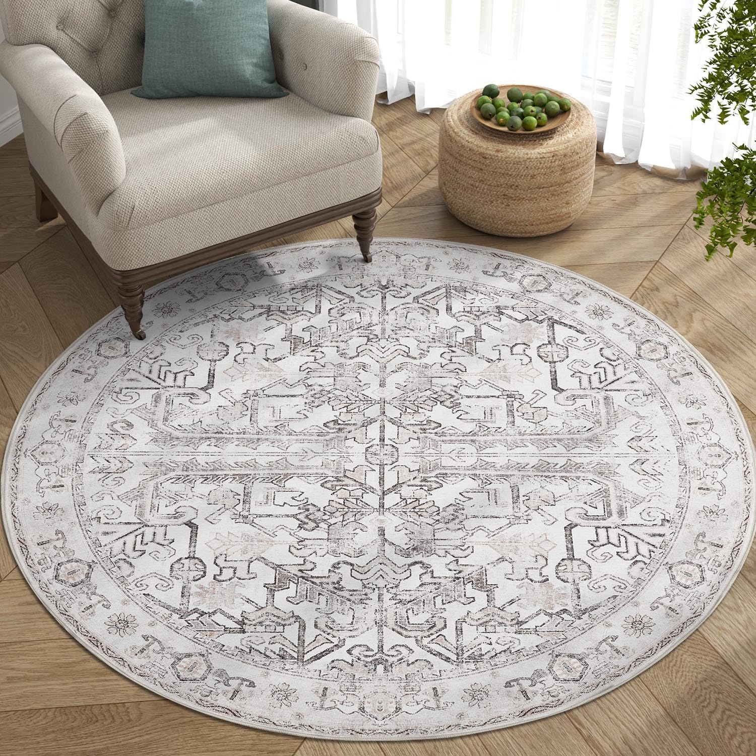 jinchan Round Rug 5ft Vintage Machine Washable Area Rug for Home