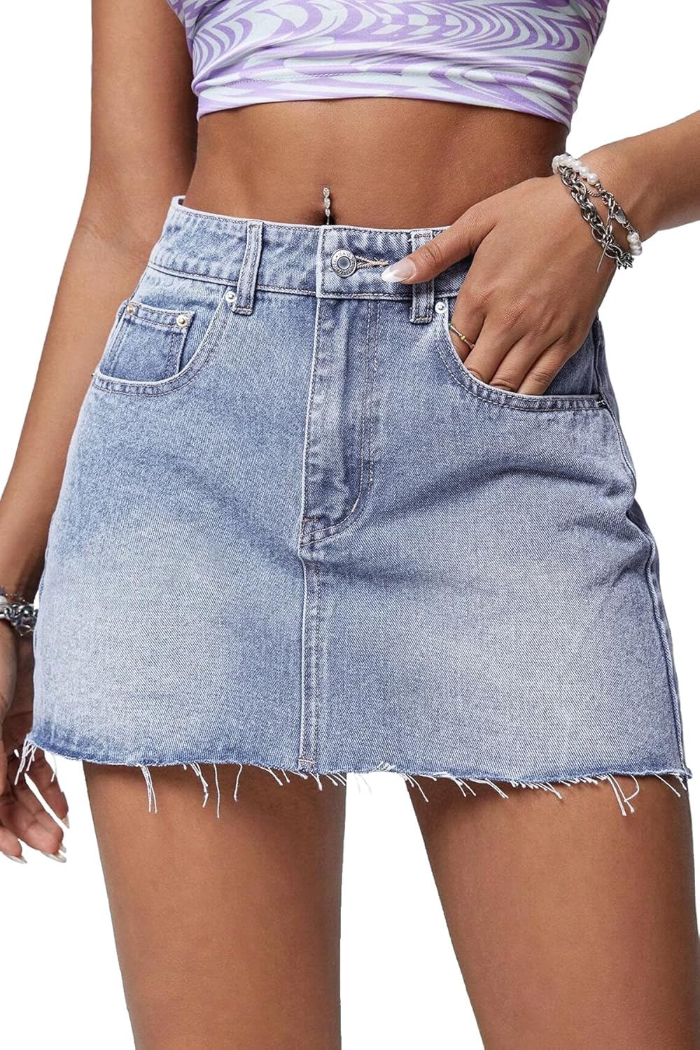 ELLEVEN Denim Mini Skirt for Women with Raw Hem and Pockets