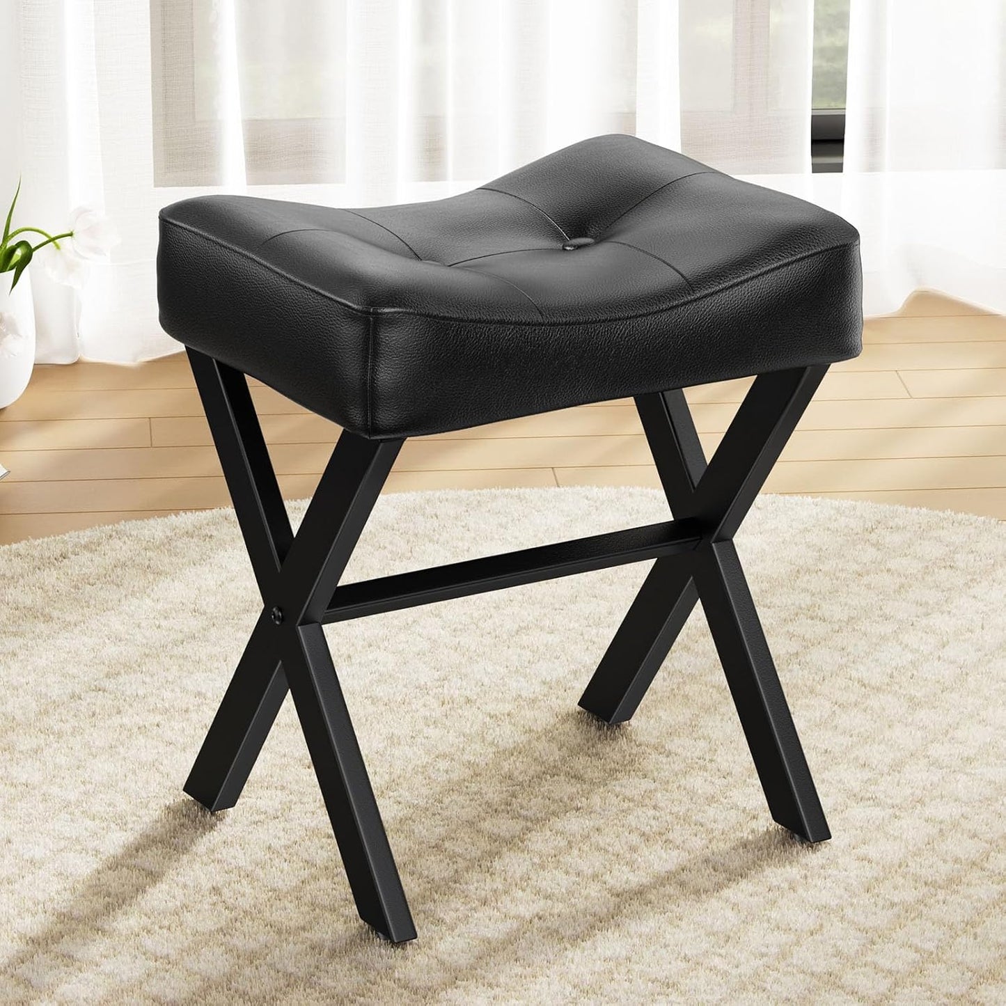 Elegant 18-Inch Leather Vanity Stool Chair with X-Leg Design