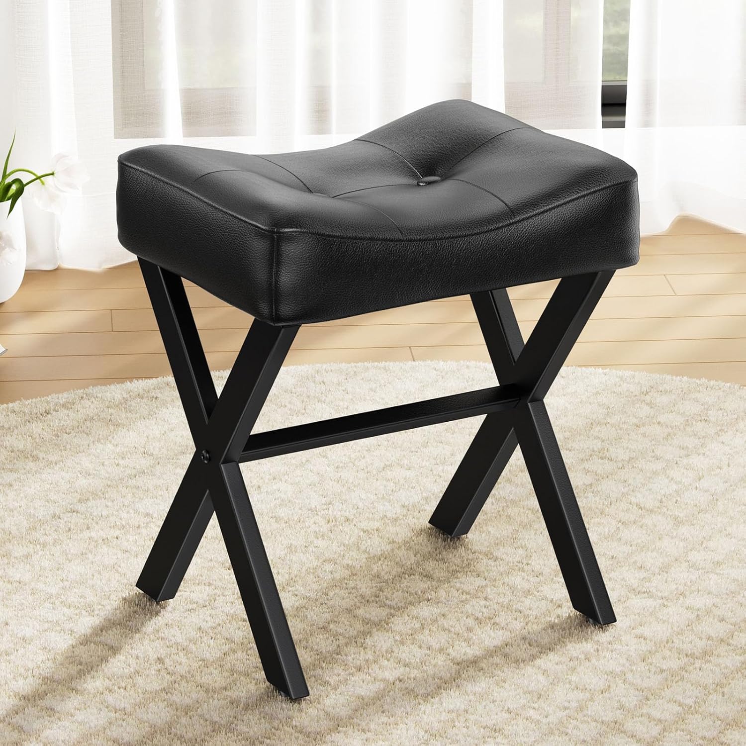 Elegant 18-Inch Leather Vanity Stool Chair with X-Leg Design