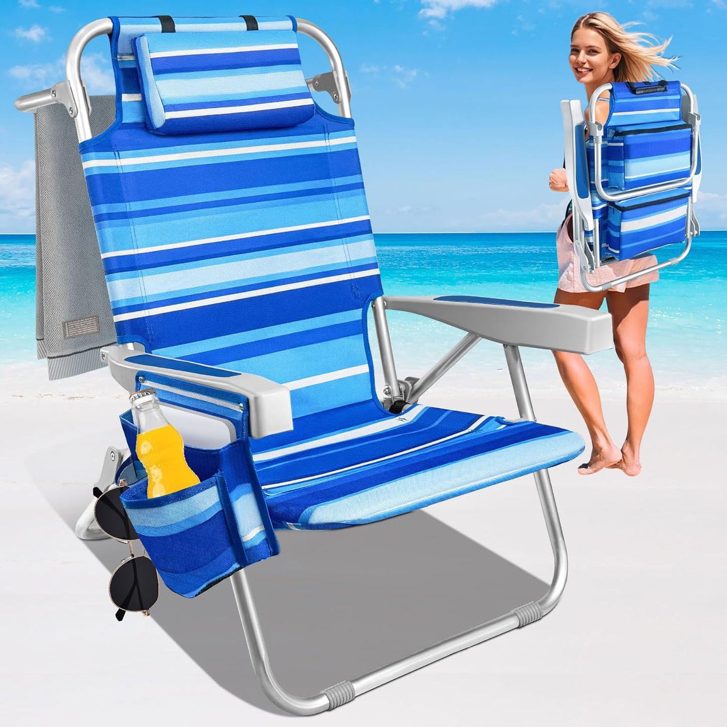 SeaSlep: 5-Position Folding Beach Chair with Cooler, Cup Holder & Storage
