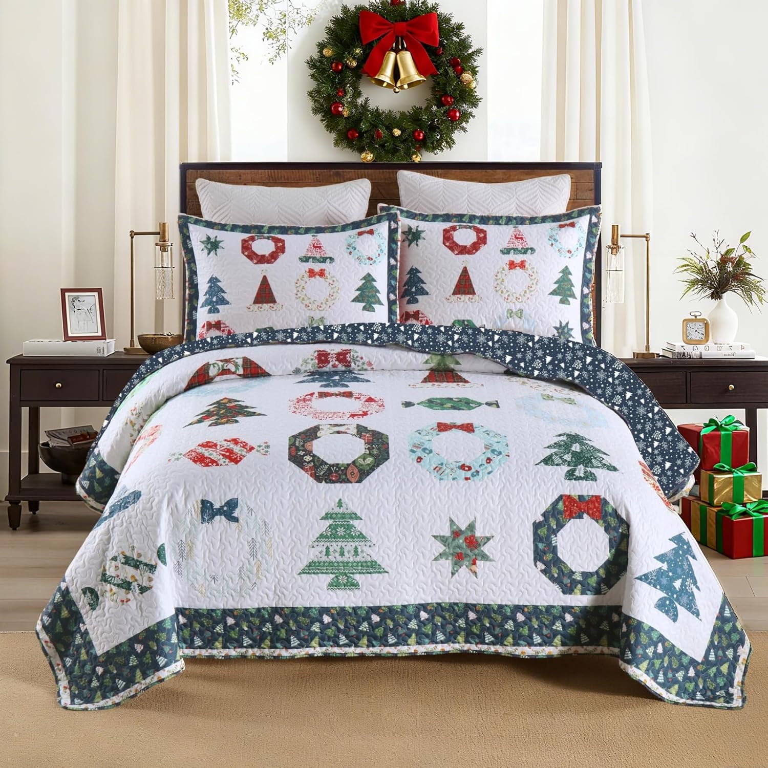 MarCielo 3 Piece Christmas Quilt Set for Cozy Holiday Decor