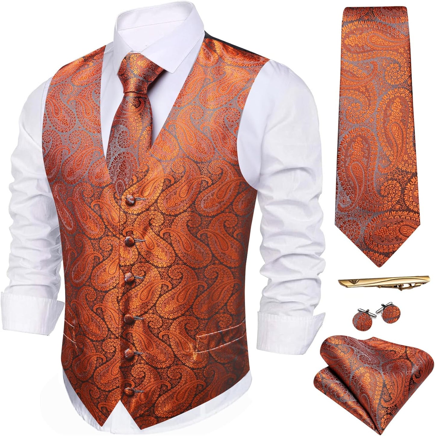 Barry.Wang Men's Suit Vest Set with Tie and Pocket Square