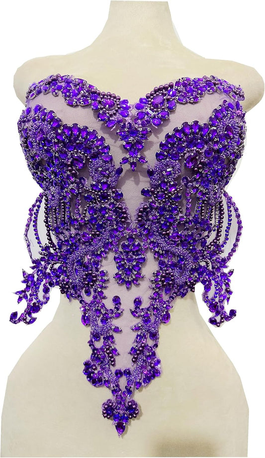 Handmade Rhinestones Lace Bodice Applique for Dress Clothes