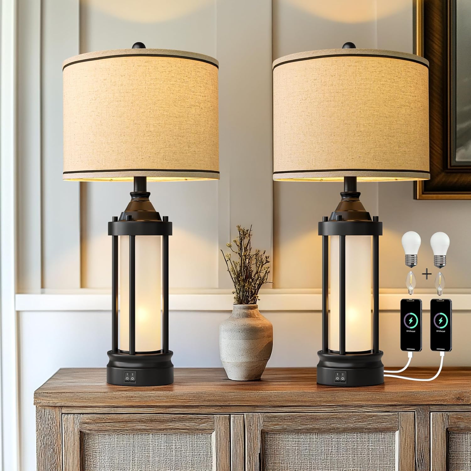 25 in Table Lamps Set of 2 for Bedroom Living Room with USB Ports
