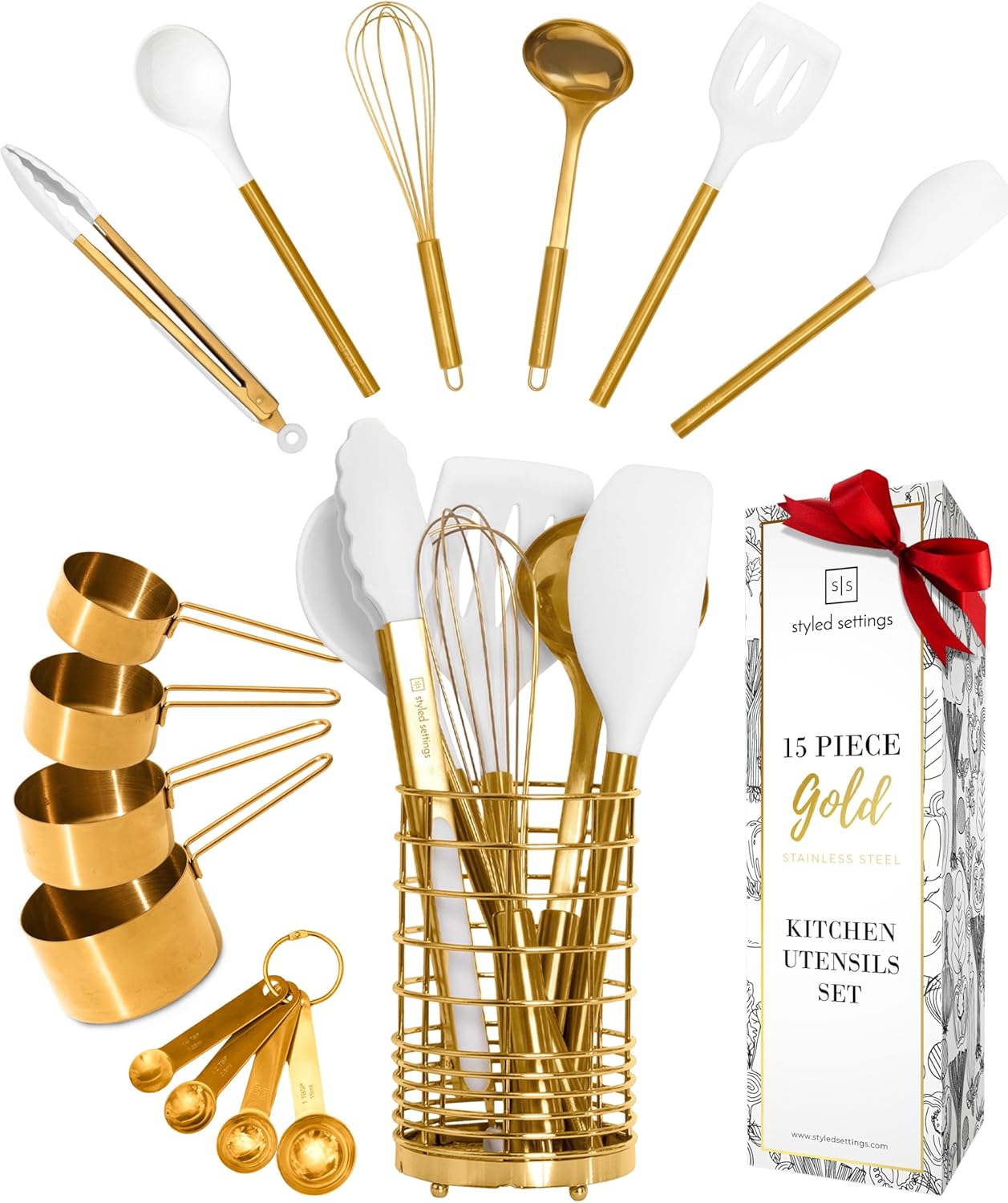 15-Piece White and Gold Cooking Utensils Set for Stylish Cooks