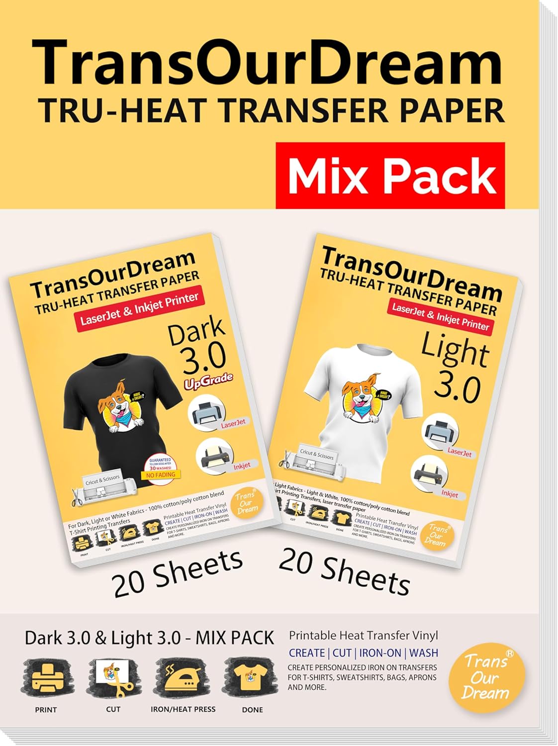 TransOurDream Tru-Heat Transfer Paper for T Shirts Mix Pack