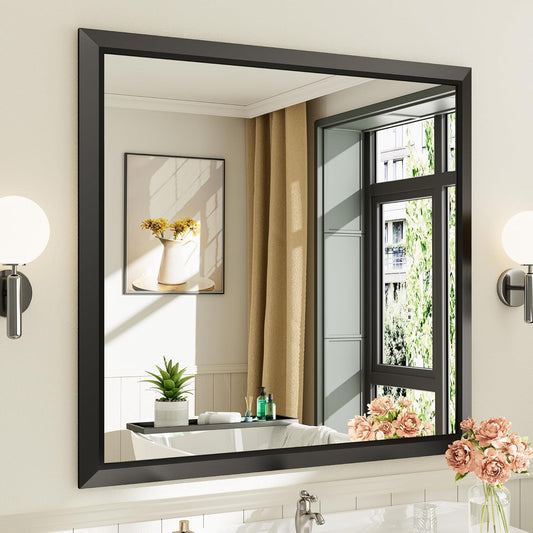 40x38 Inch Black Bathroom Mirror with Thick Metal Frame