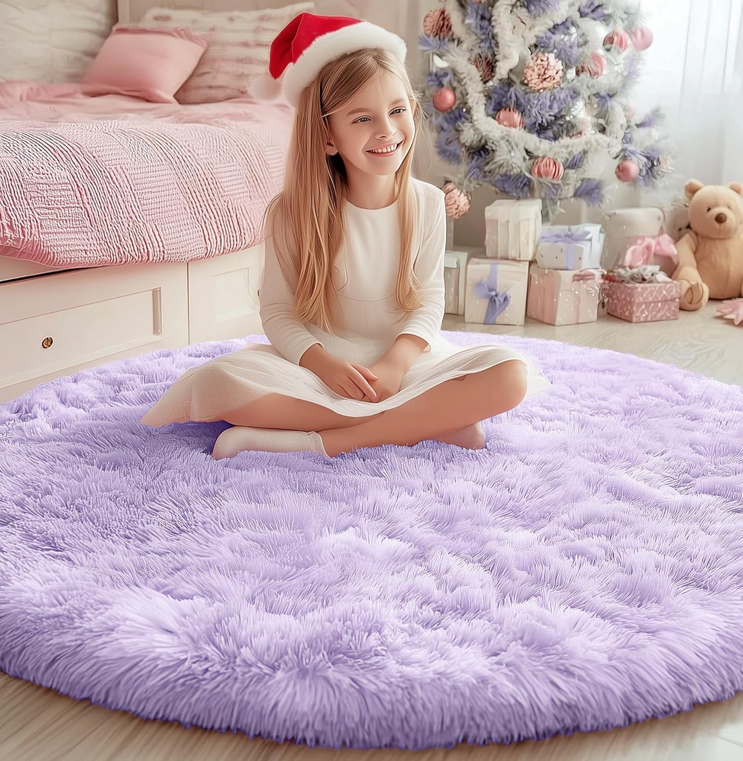 PAGISOFE Round Rugs 5Ft - Fluffy Purple Area Rug for Kids