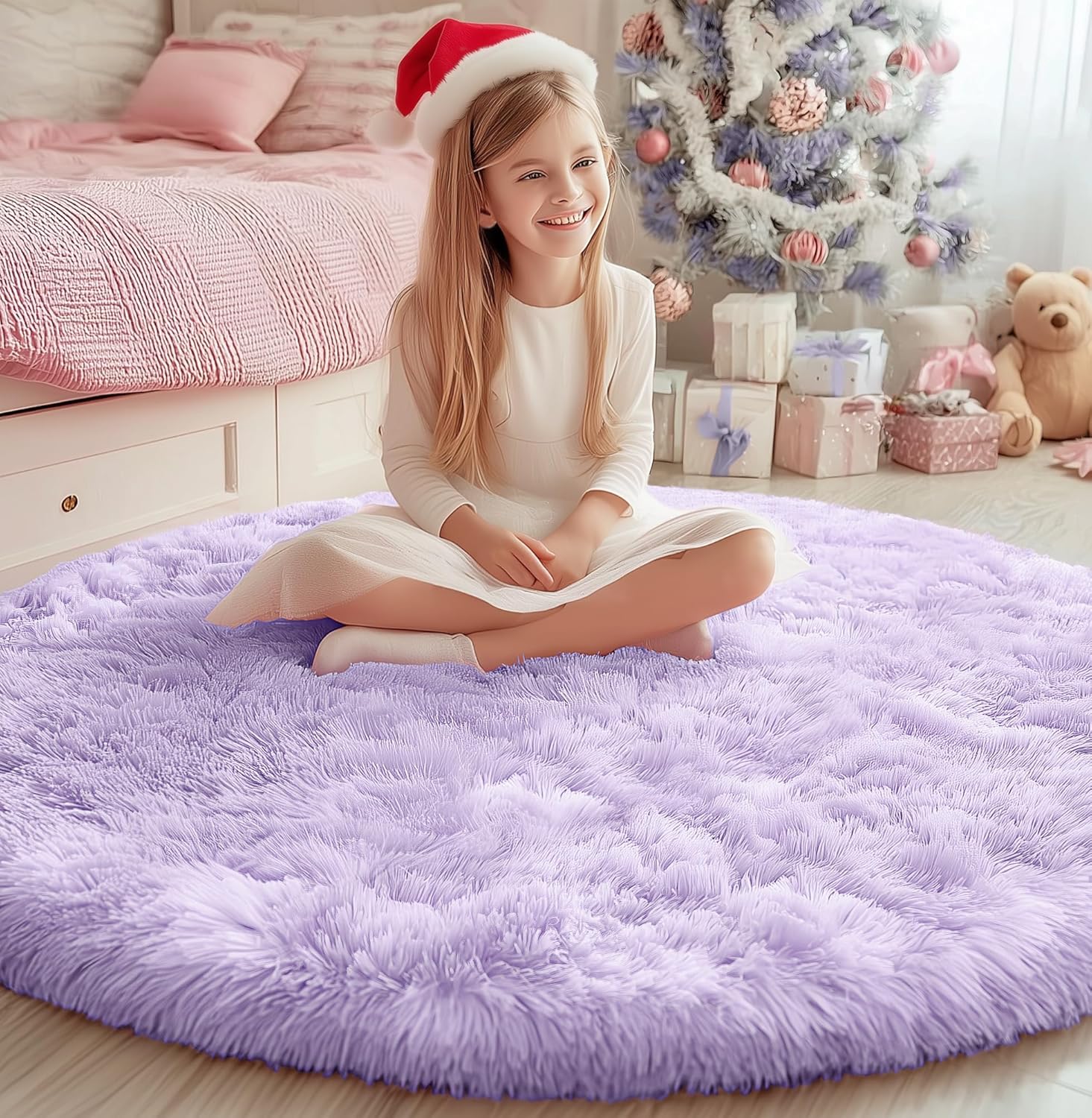 PAGISOFE Round Rugs 5Ft - Fluffy Purple Area Rug for Kids