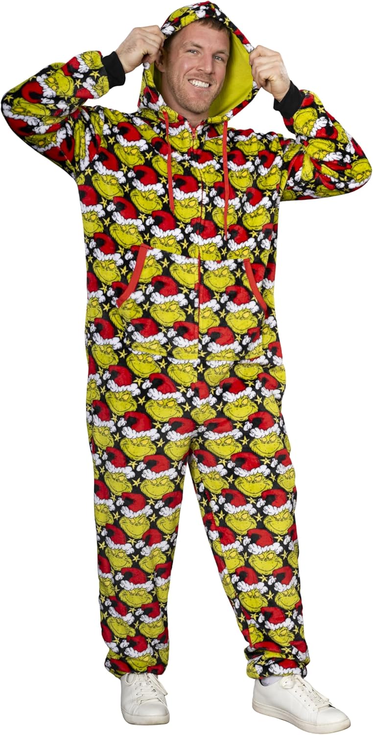Grinch Pajamas Jumpsuit with Santa Hat for Cozy Holidays
