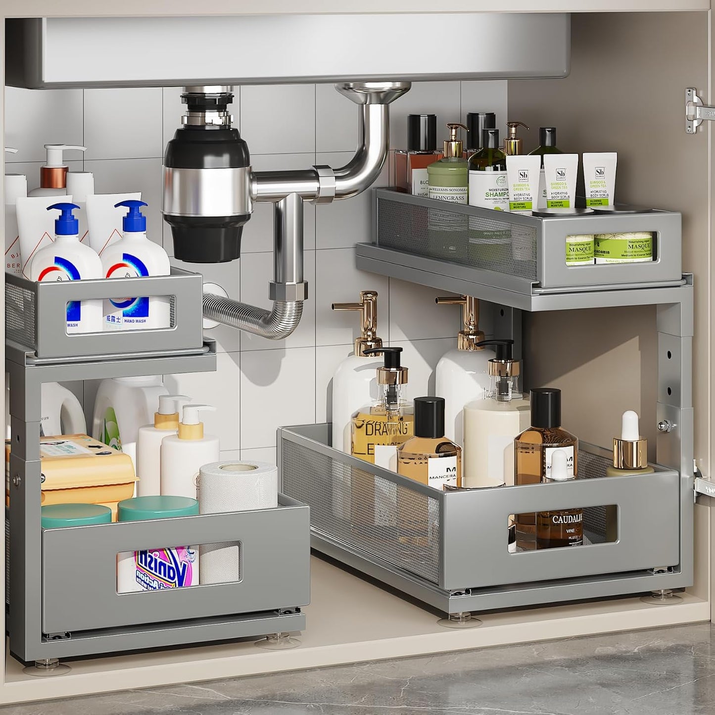 2 Pack 15.74IN-Depth Under Sink Organizer with Smooth Glides