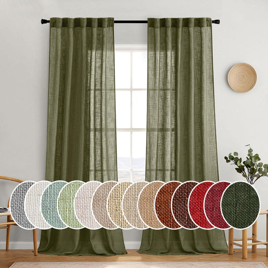 MIULEE Light Olive Green Linen Curtains for Bedroom and Living Room