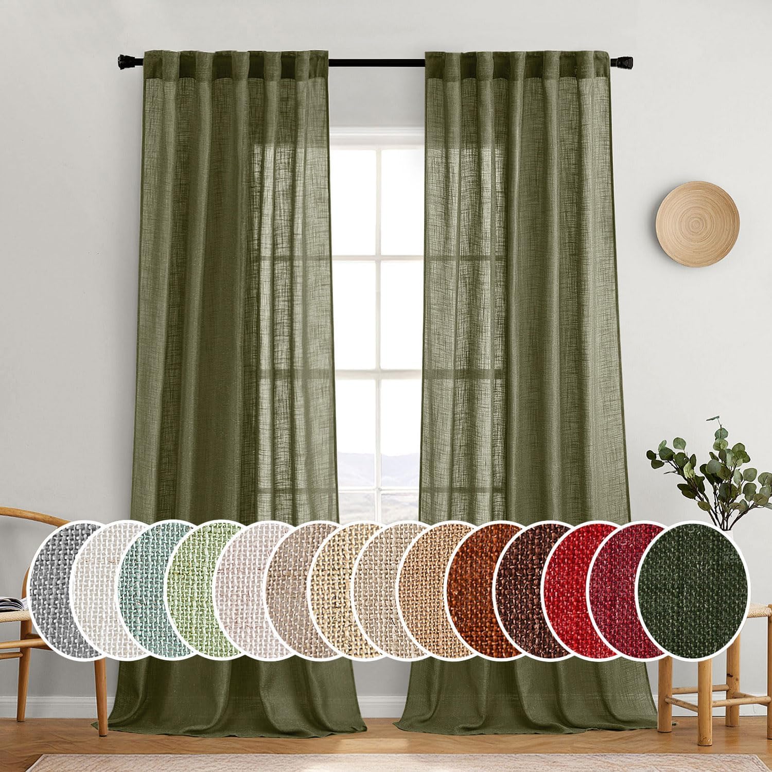 MIULEE Light Olive Green Linen Curtains for Bedroom Living Room