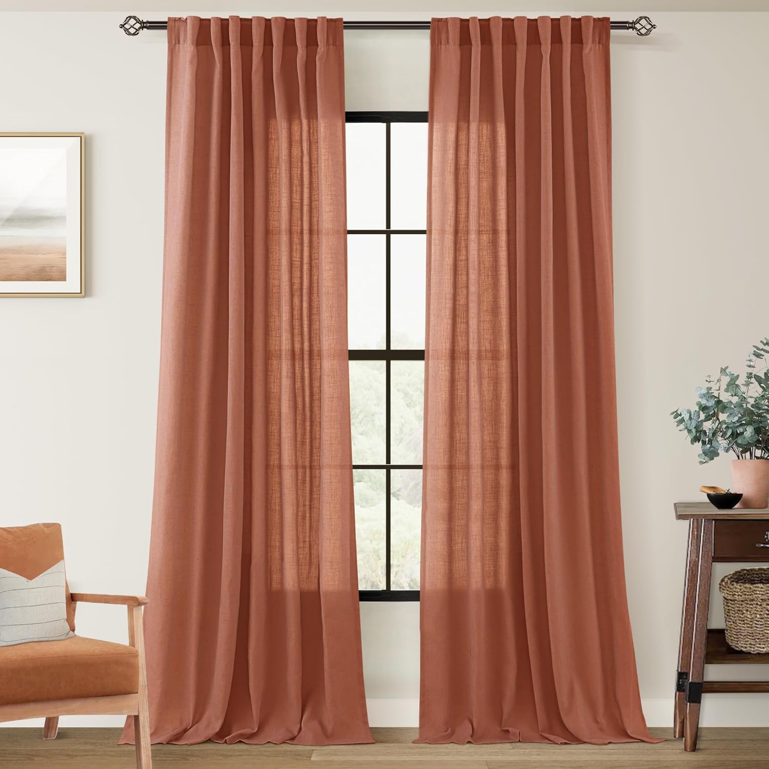 108 inch Linen Terracotta Curtains for Living Room Decor