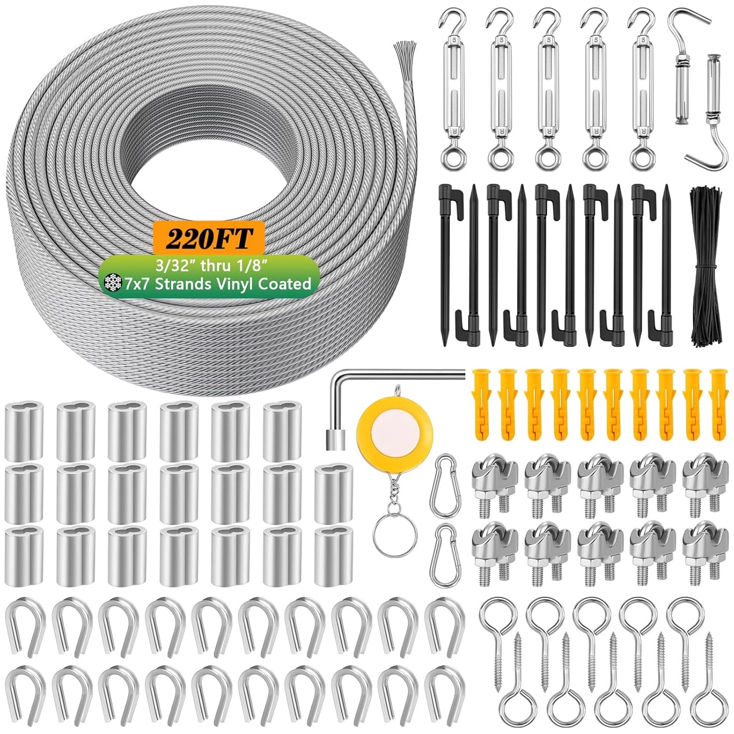 220 FT 1/8in Wire Rope Kit for Outdoor Hanging and Decoration