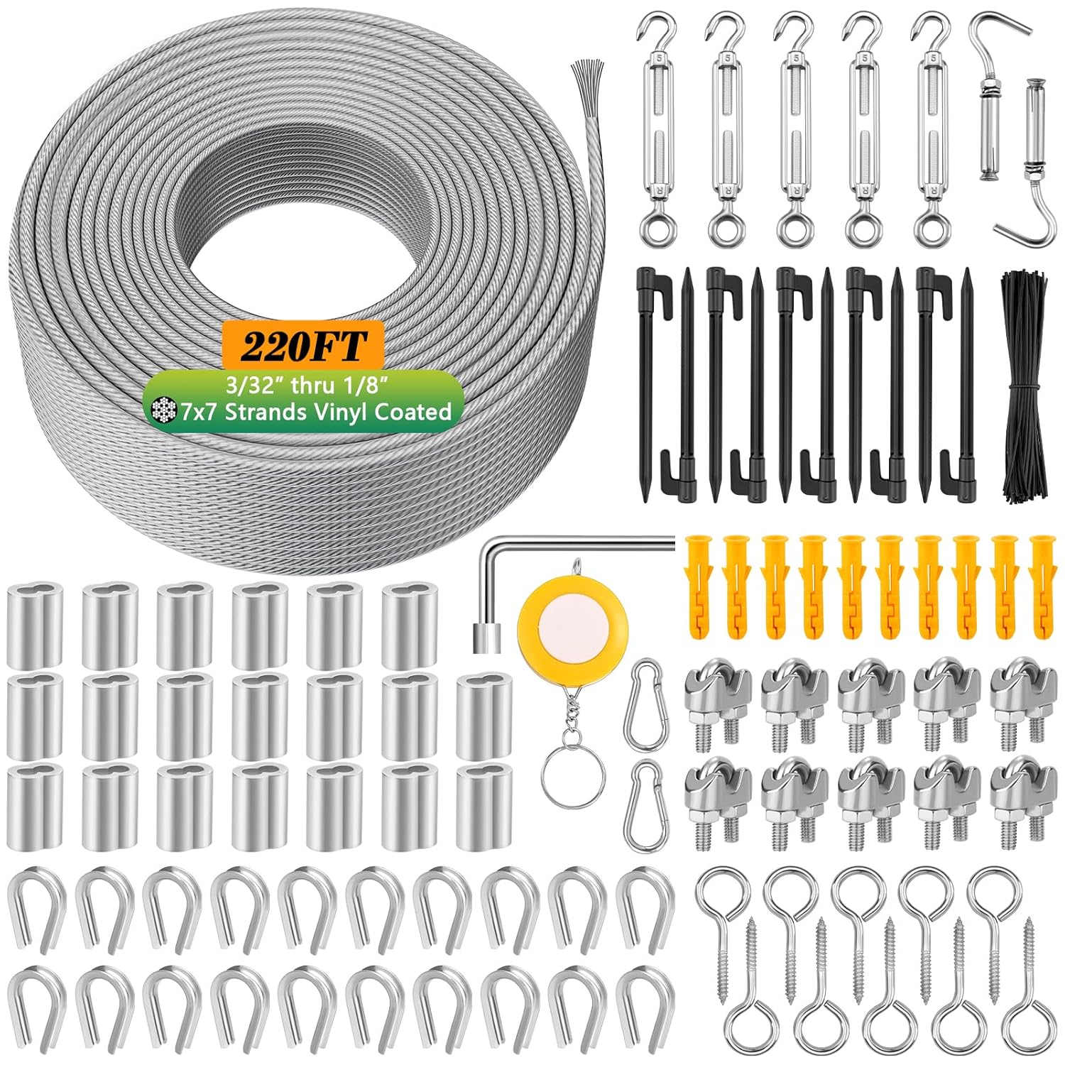 220 FT 1/8in Wire Rope Kit for Outdoor Hanging and Decoration