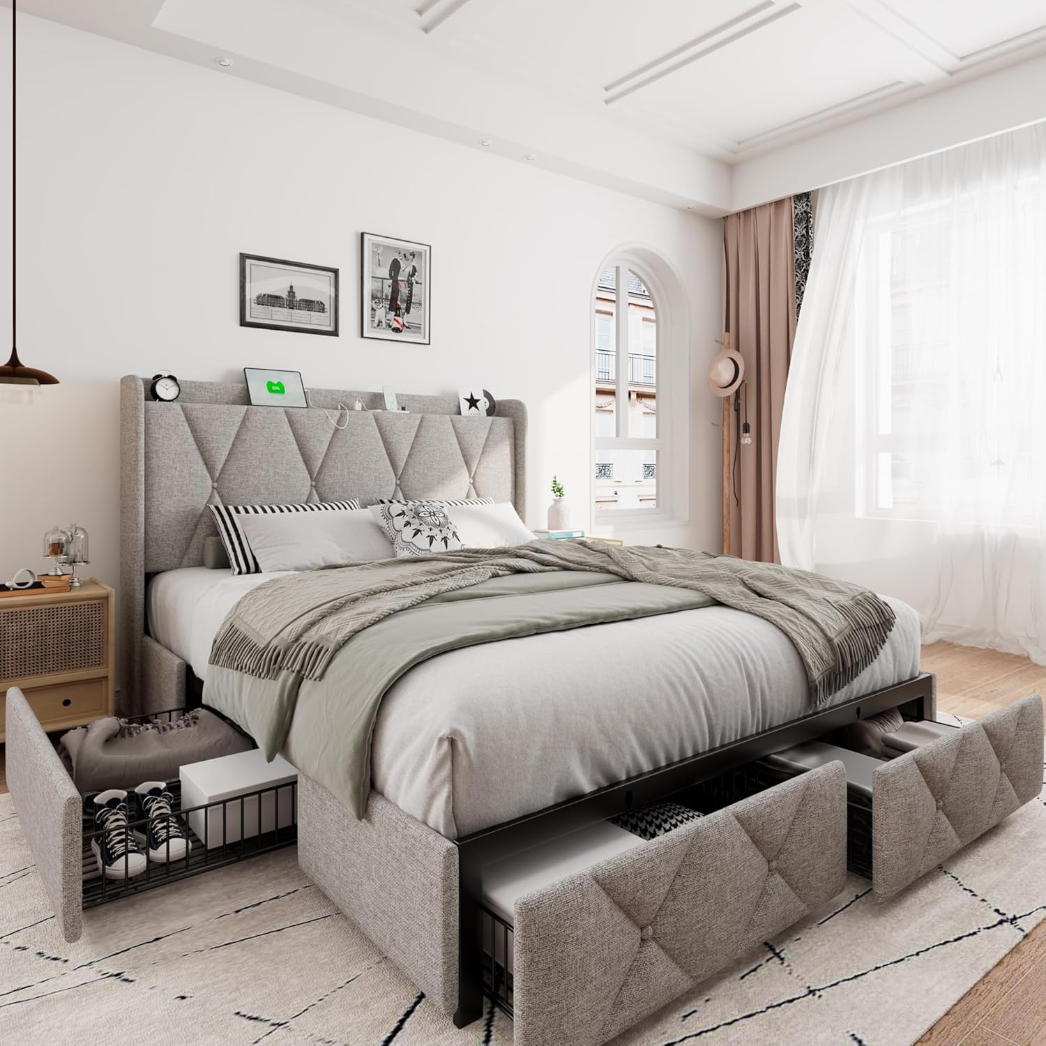 iPormis Queen Bed Frame with Storage Drawers and Charging Station