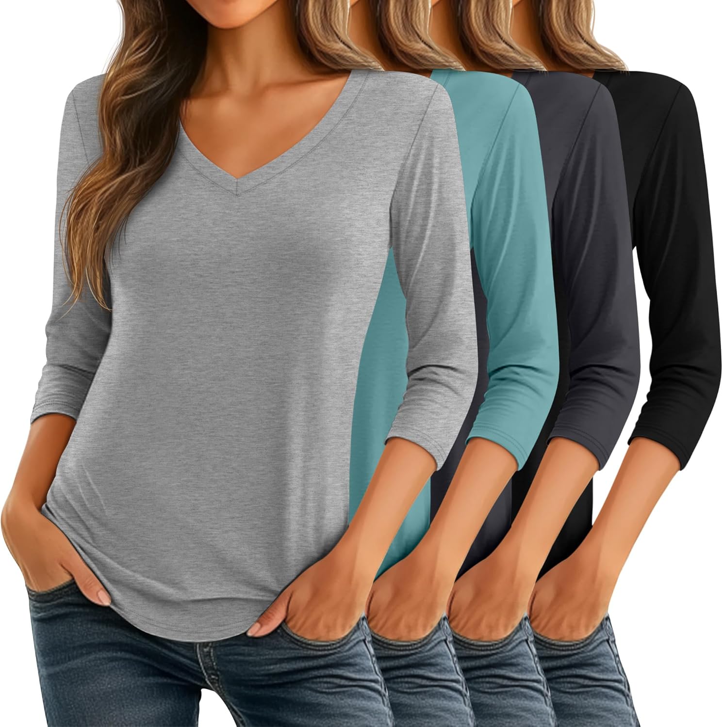 Ficerd Women's 3/4 Sleeve V Neck Casual Tunic Tops 4 Pack