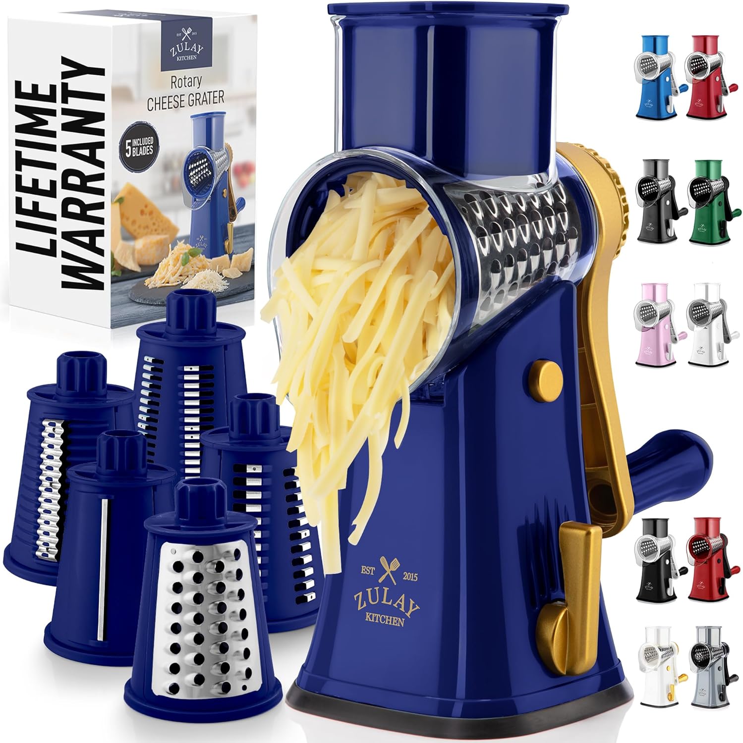 Zulay Kitchen Rotary Cheese Grater - 5 Blade Manual Shredder