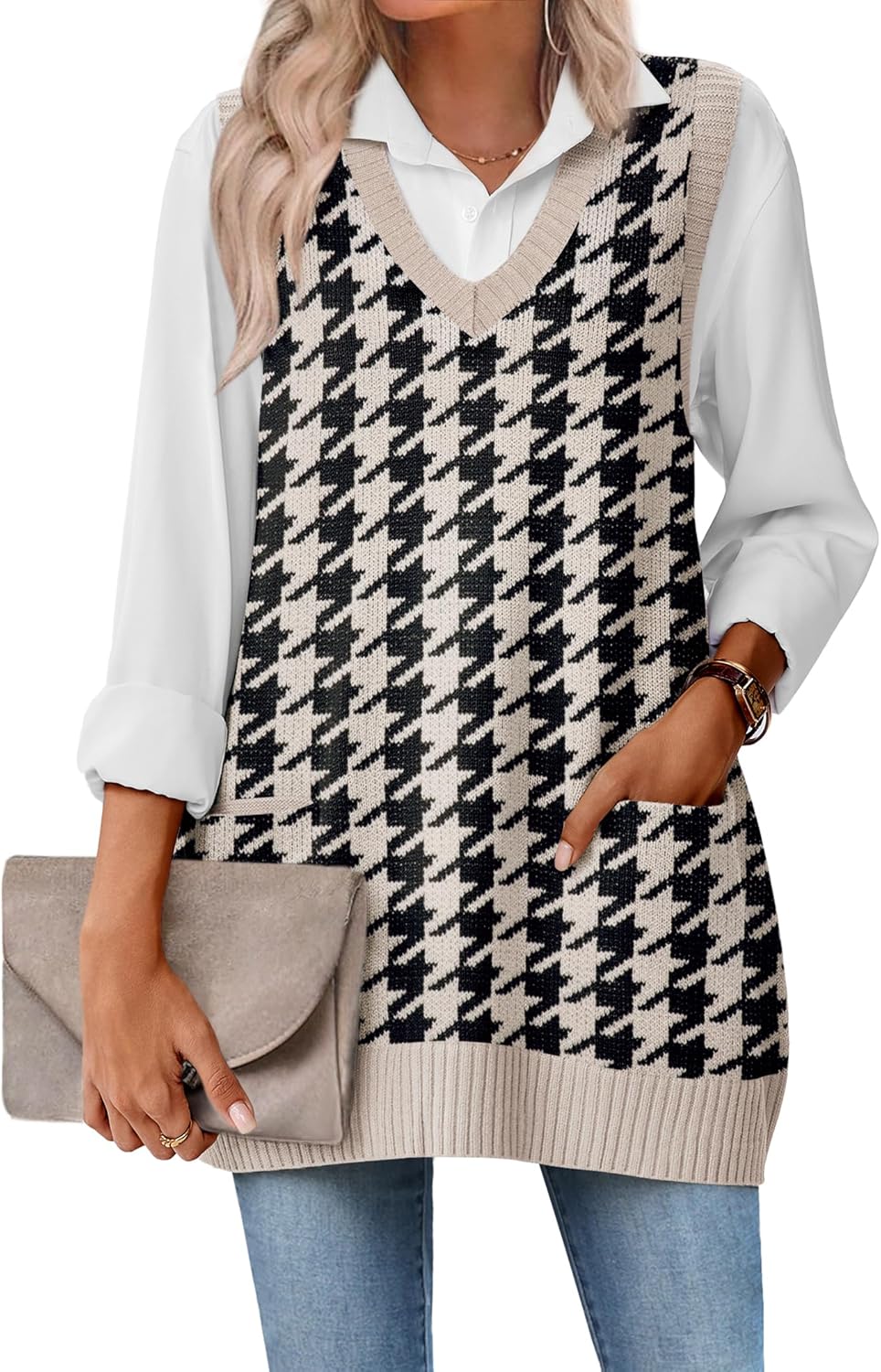 Zeagoo Women's Sweater Vest 2025 Oversized V Neck with Pocket