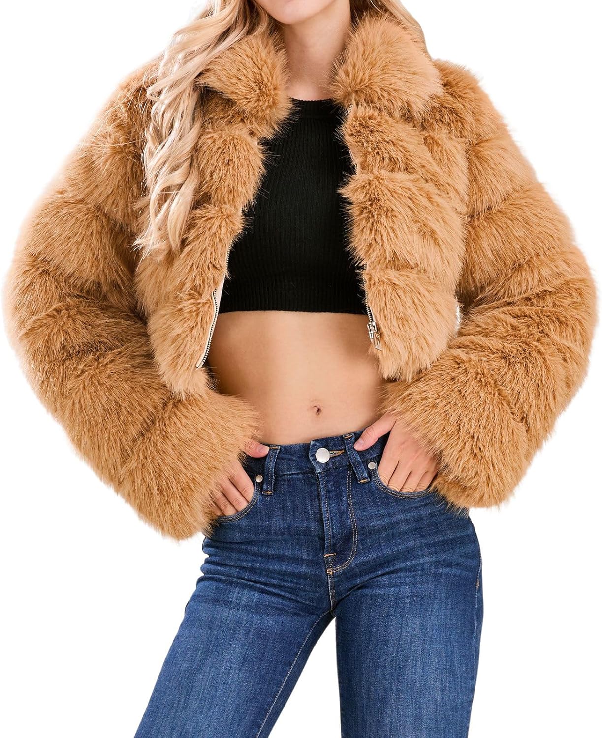 Faux Fur Cropped Jacket for Women - Warm Puffer Coat Style