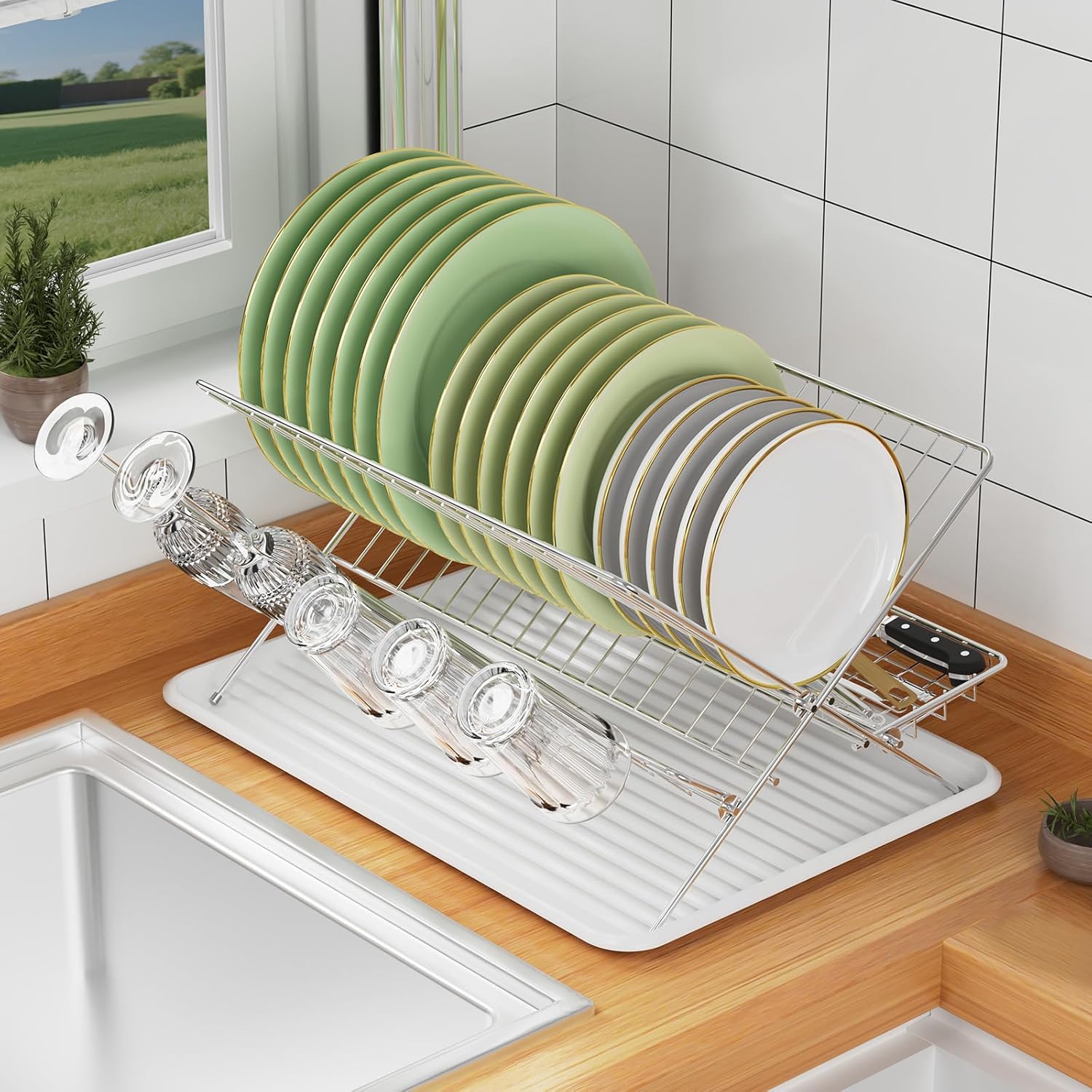 Stainless Steel 3-Tier Collapsible Dish Rack with Drip Tray