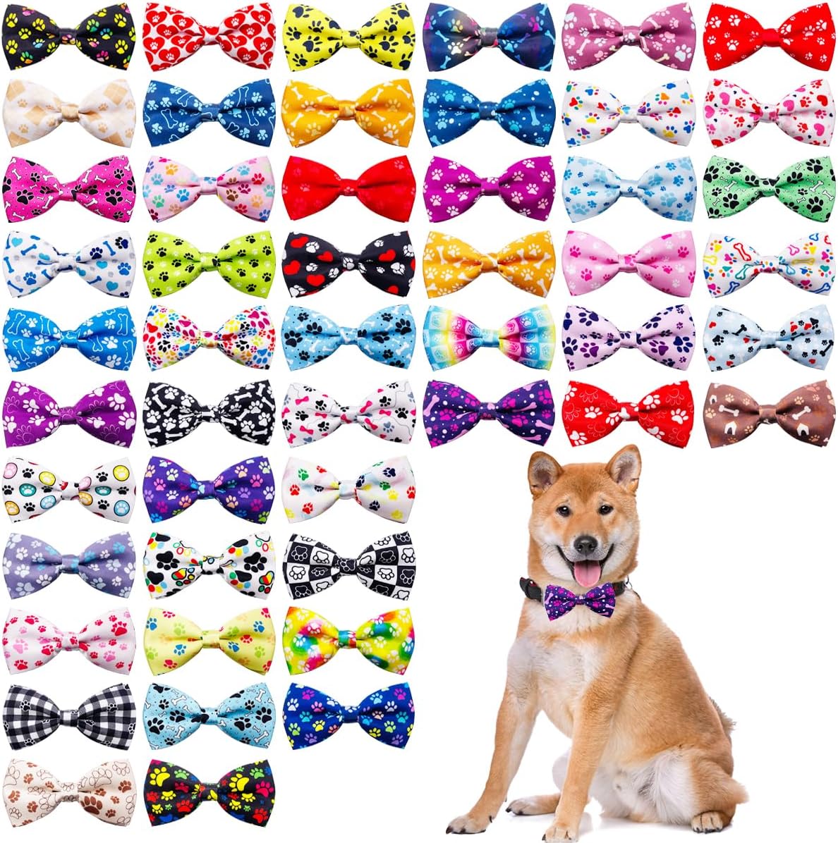 50pcs Paw Bone Printed Dog Bow Ties for Small and Medium Pets