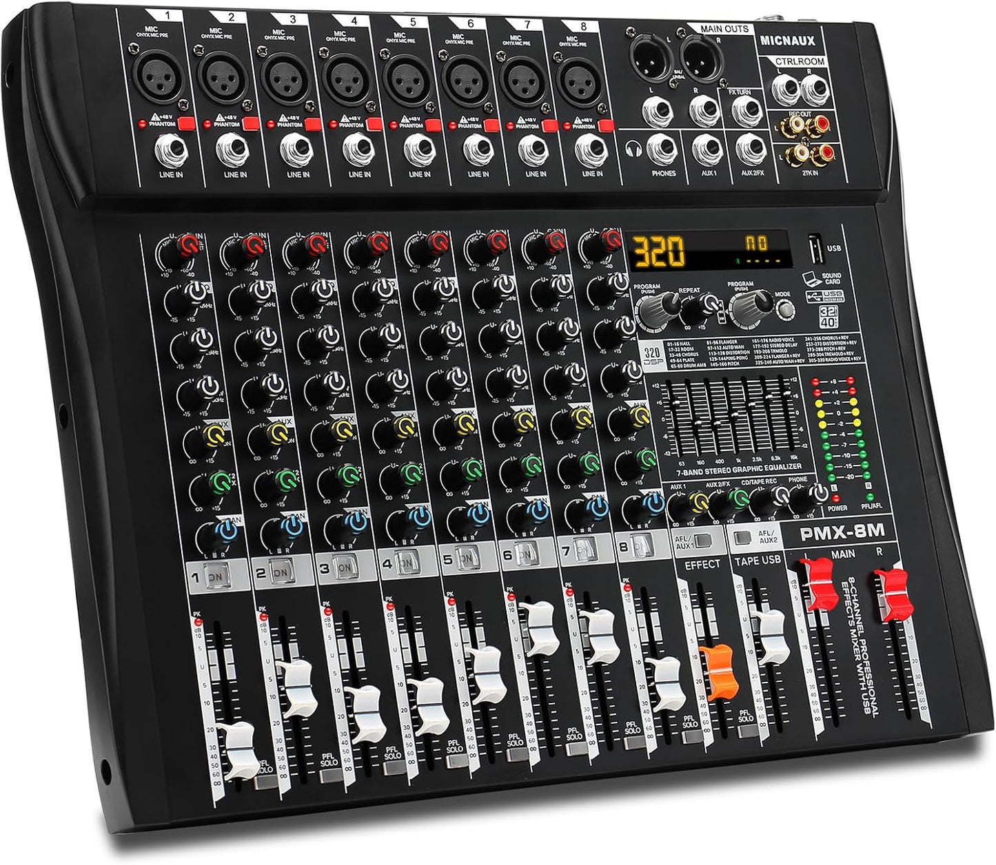 Professional 8 Channel Audio Mixer Console with 320 DSP Effects