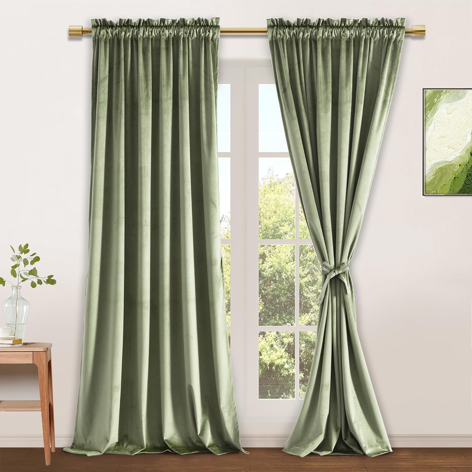 Sage Green Velvet Curtains for Living Room - Room Darkening Drapes