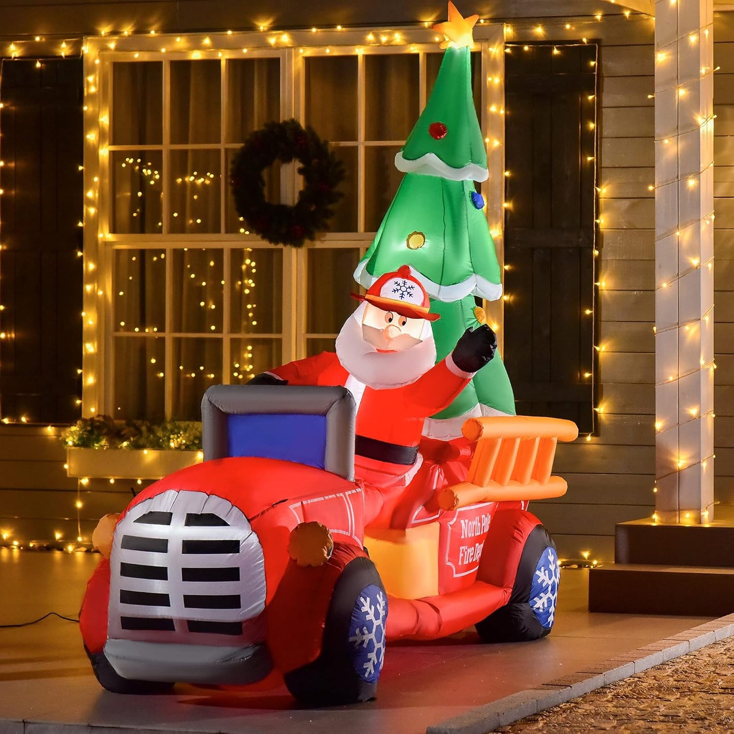 7.5ft Christmas Inflatable Santa Driving Fire Truck with Tree