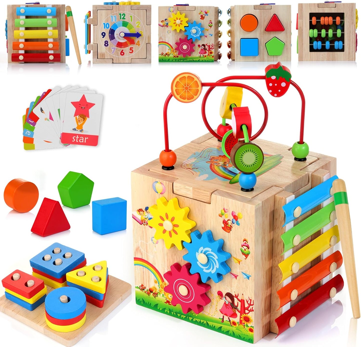 HELLOWOOD Wooden Baby Activity Cube - 8-in-1 Montessori Toy