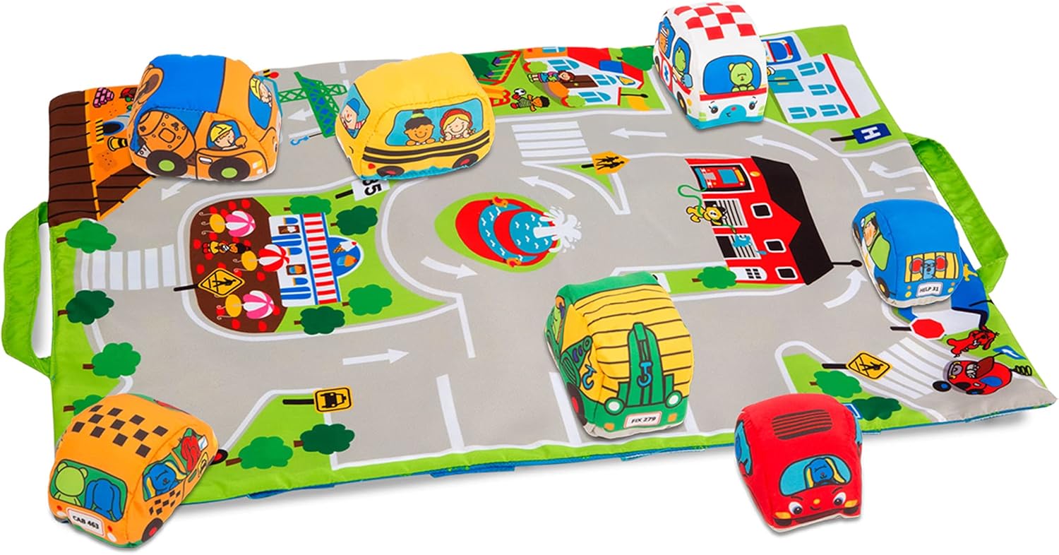 Melissa & Doug Take-Along Town Play Mat with 9 Soft Vehicles