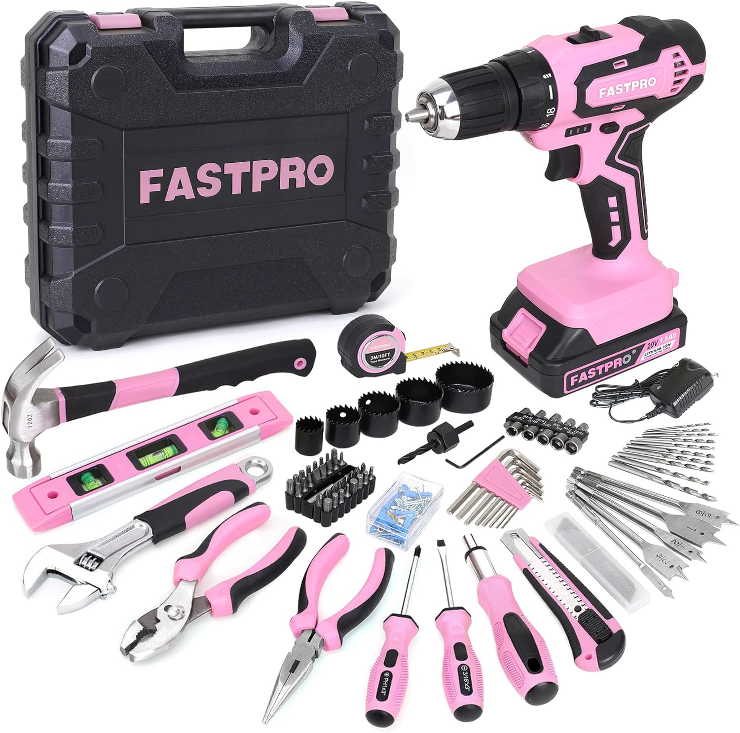 20V Pink Cordless Drill Driver and Home Tool Set for Women