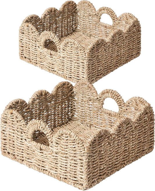 Scalloped Basket 2 Pack Wicker & Rattan Storage for Home