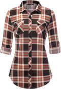 DJT Womens Soft Stretchy Knit Plaid Shirt - Casual Roll-Up Button Down