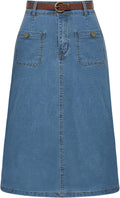 Belle Poque Denim Skirt with Belt for Women Below Knee Length