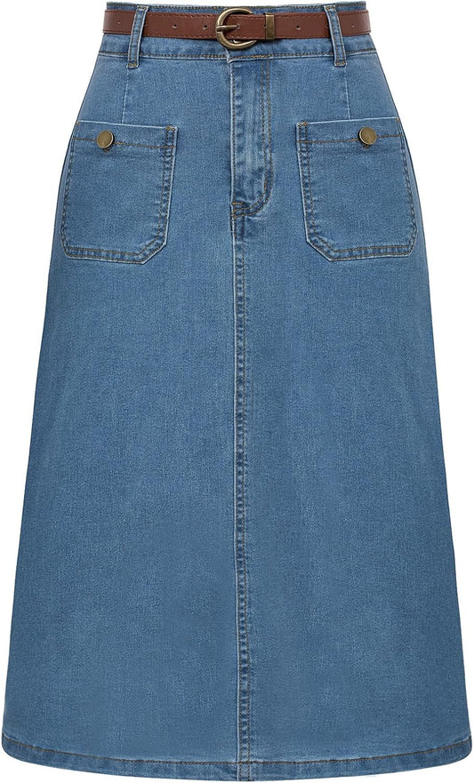 Belle Poque Denim Skirt with Belt for Women Below Knee Length