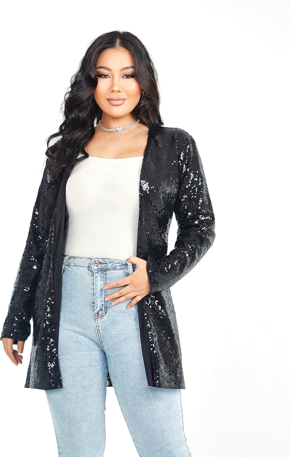 Women's Sequin Jacket Long Sleeve Open Front Blazer for Parties
