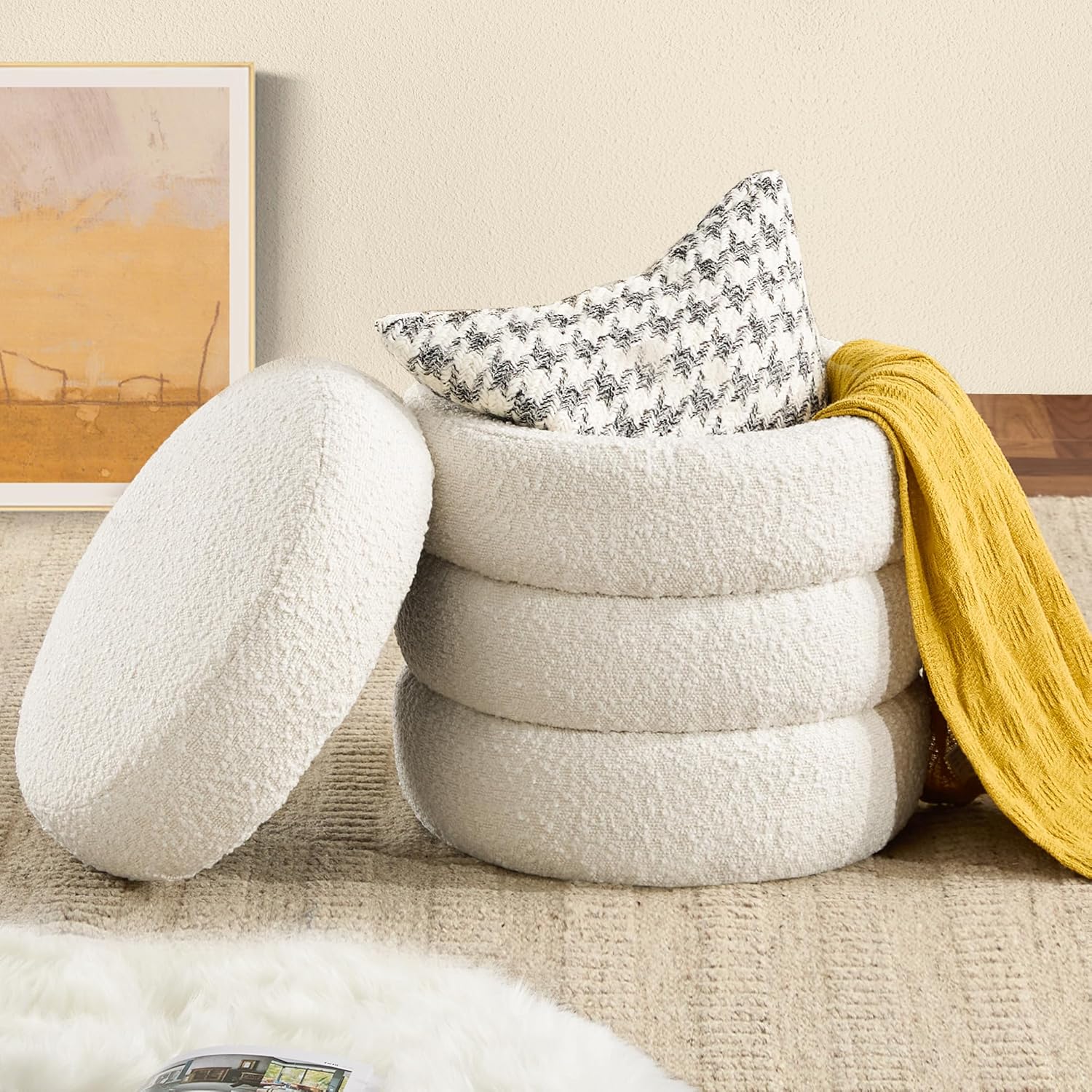 Round Ottoman with Storage for Living Room and Home Decor