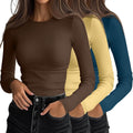 Ficerd Women's Ribbed Long Sleeve Tops Slim Fit 3-Pack T-Shirts