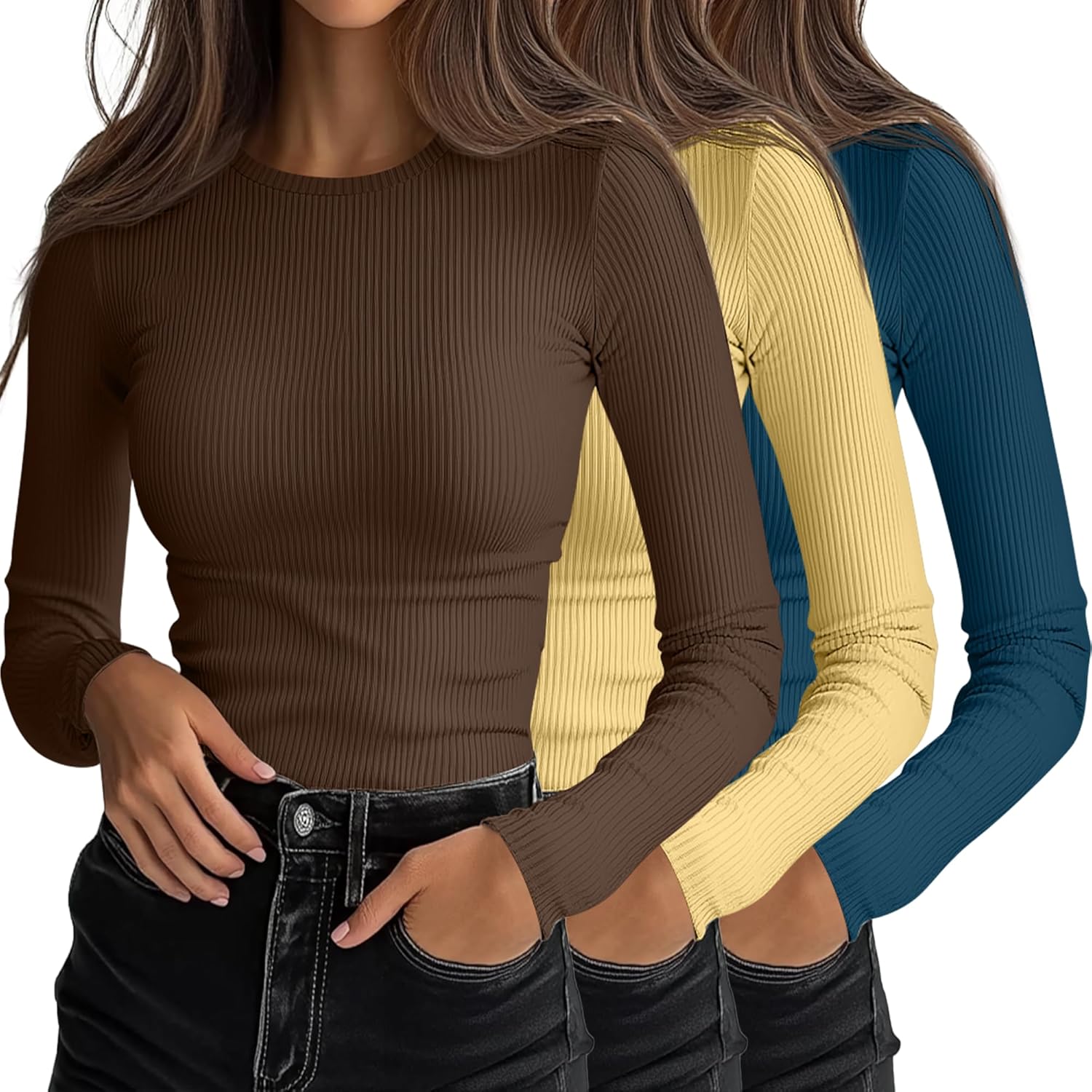 Ficerd Women's Ribbed Long Sleeve Tops for Casual Layering